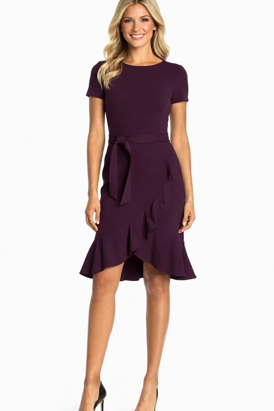 Calvin Klein Ruffle Sheath Dress Short Sleeve Aubergine Womens Size 4